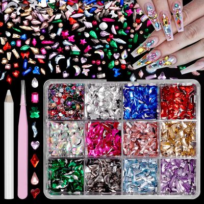 440 Pcs Multi Shapes Flatback Rhinestones for Crafting, Nail Art Rhinestones Kit Rainbow Gems Resin Nail Rhinestone for Bedazzling, Multi Sized Half Round Beads Gems for Nails Art DIY