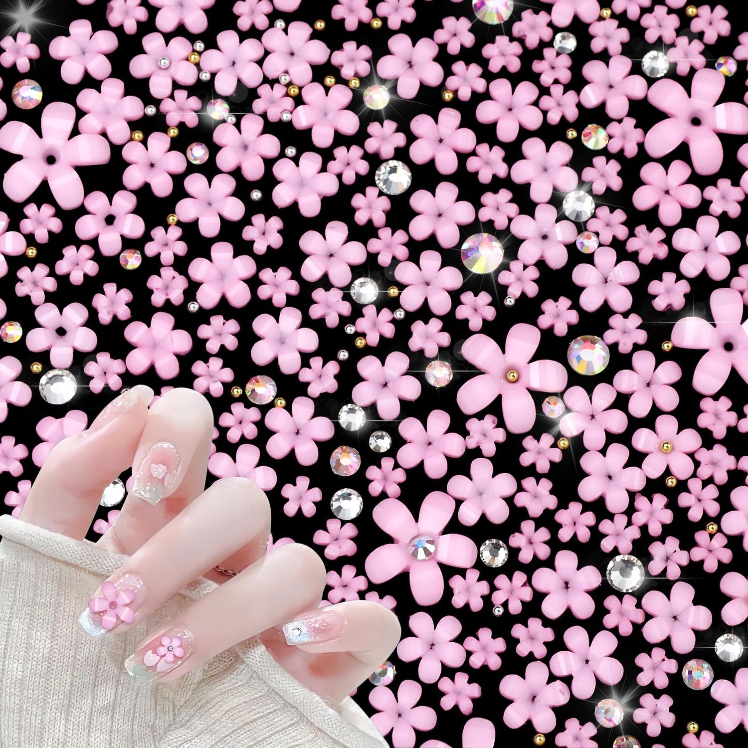 800 Pcs Pink 3D Flower Acrylic Nail Art Charms - Mixed Tiny Blossoms With Golden Beads and AB Gems for Womens Nail Decorations