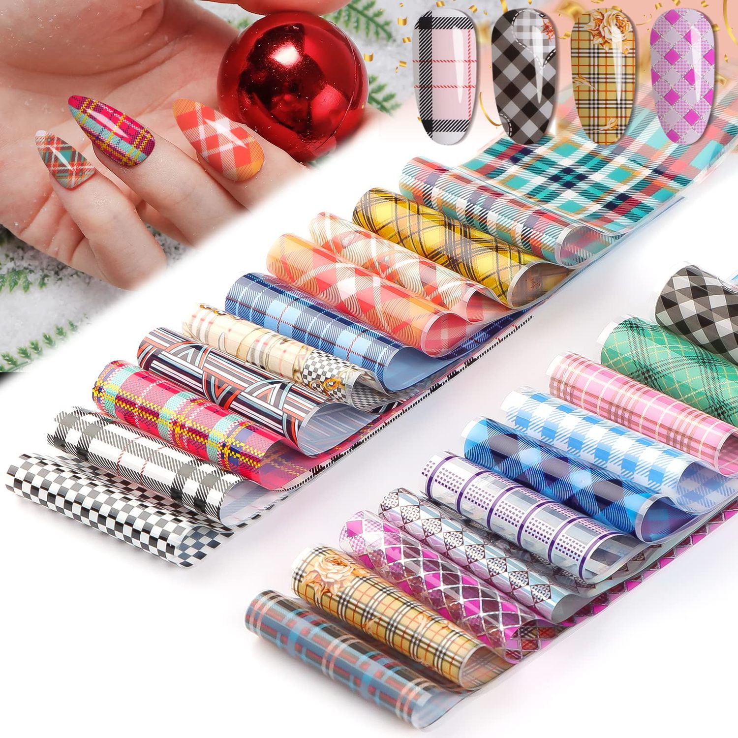20 Sheets Buffalo Plaid Nail Foil Transfer Sticker, Kalolary Christmas Holographic Lines Foil Full Nail Wraps Decals for Winter DIY Nail Art