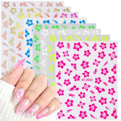 Flower Nail Stickers,Hibiscus Nail Decals 3D Green, Blue, Pink and Multi-Colored Small Flowers Pattern Summer Hibiscus Nail Design Manicure Tropical Floral Petal Sticker for Women Nail Decoration