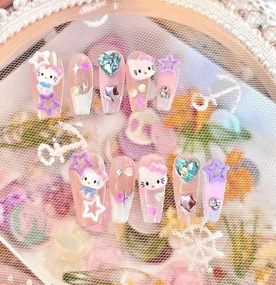 Handmade Press on Nails Medium Coffin - Cute Kawaii Cartoon Y2K 3D Cartoon Cat Design 10Pcs(M)