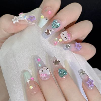 Handmade Press on Nails Medium Coffin - Cute Kawaii Cartoon Y2K 3D Cartoon Cat Design 10Pcs(M)