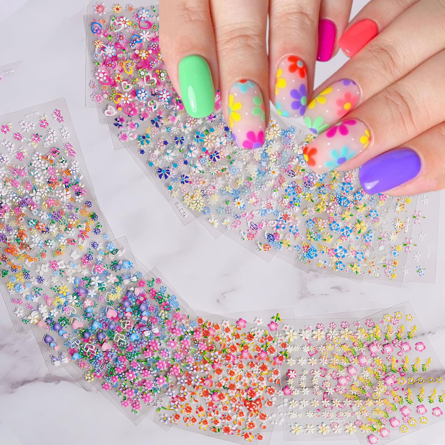 IDDFEVE 30 Sheets Flower Nail Art Stickers - Kid Colorful Floral Self-Adhesive Nail Decals for DIY Spring Summer Daisy Manicure