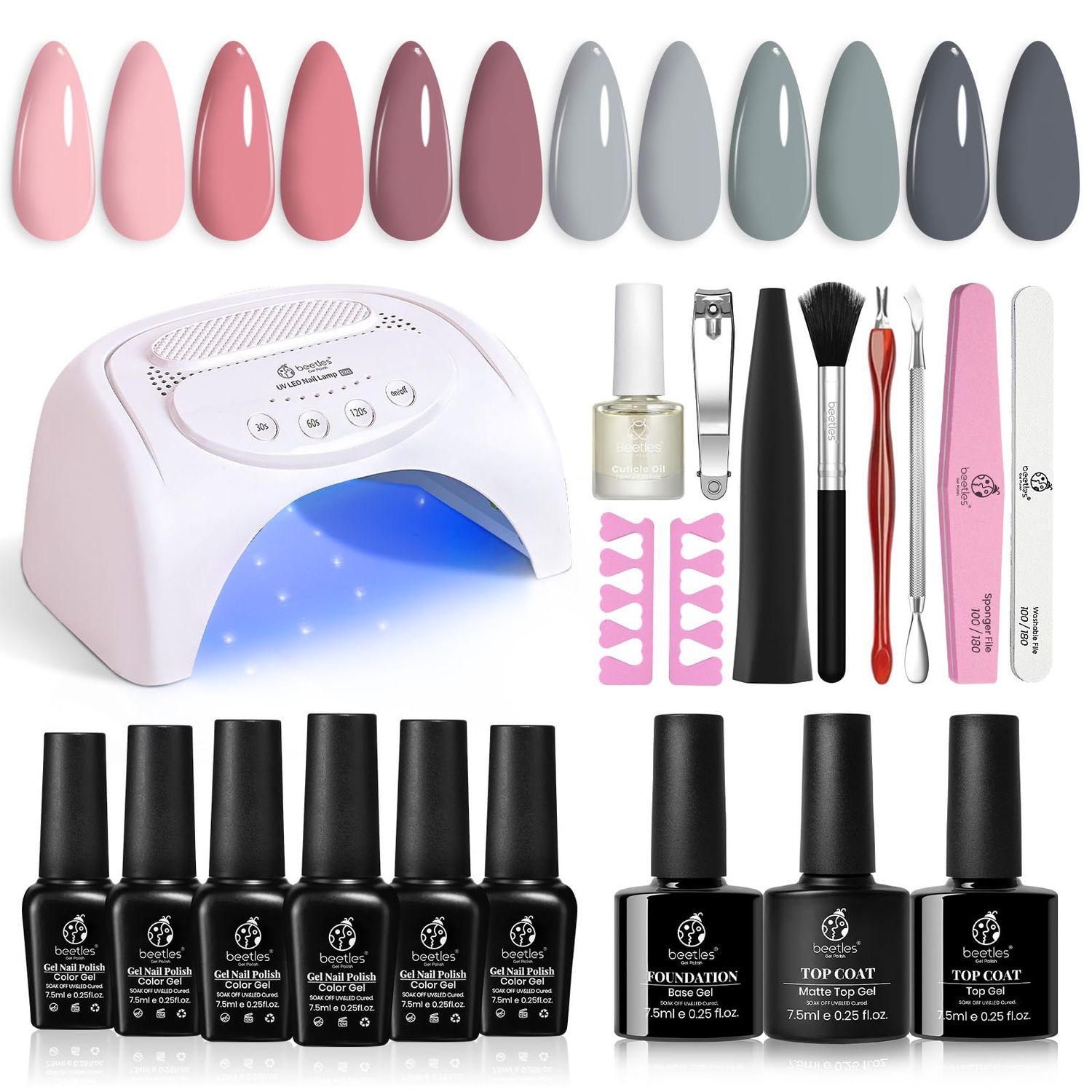 Beetles Gel Nail Polish Kit with Uv Light 48W Led Nail Lamp 6 Colors Nude Gray Pink Gel Polish Starter Kit Manicure Soak off Led Salon DIY Home Gift for Women