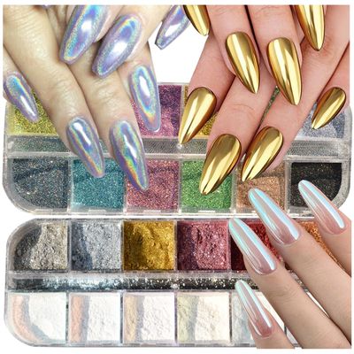 UARUOGP 2 Boxes Chrome Nail Powder Set 24 Colors Holographic Nails Powders Laser Shining Glitter Metallic Mirror Effect Holographic Aurora Chameleon Pigment 1g/Grids for Nail Art Glitters
