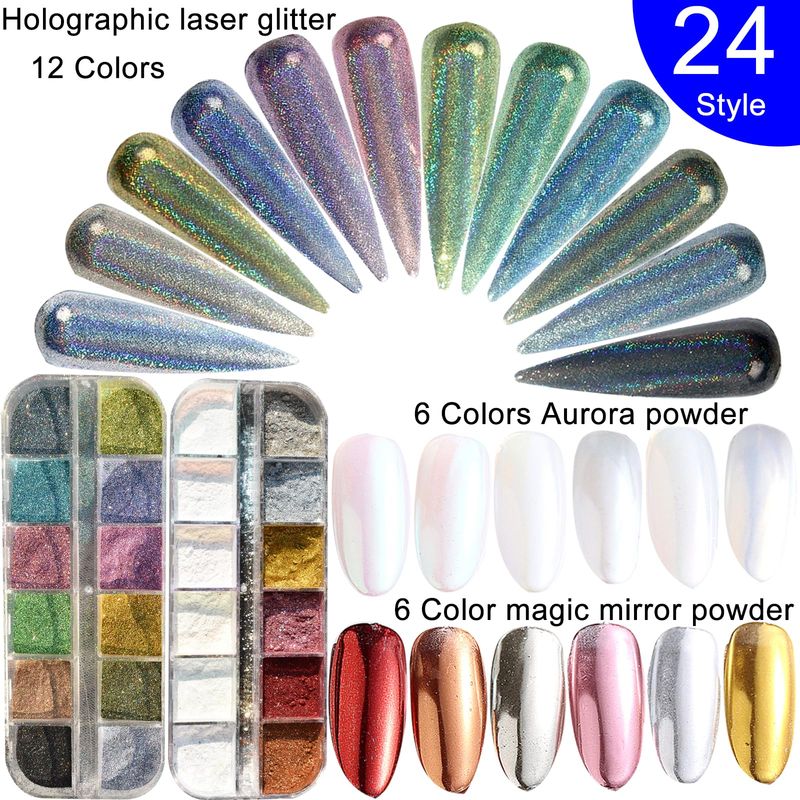 UARUOGP 2 Boxes Chrome Nail Powder Set 24 Colors Holographic Nails Powders Laser Shining Glitter Metallic Mirror Effect Holographic Aurora Chameleon Pigment 1g/Grids for Nail Art Glitters