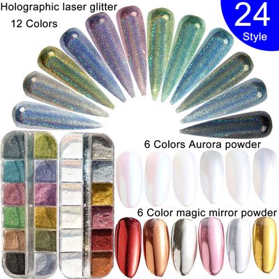 UARUOGP 2 Boxes Chrome Nail Powder Set 24 Colors Holographic Nails Powders Laser Shining Glitter Metallic Mirror Effect Holographic Aurora Chameleon Pigment 1g/Grids for Nail Art Glitters