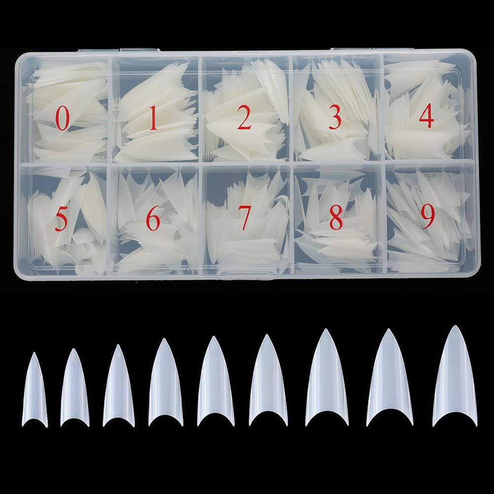 Beuniar Stiletto Nail Tips 500Pcs Short Sharp Ending False Acrylic Nails Tip Half Cover 10 Sizes with Box for Nail Salons Home DIY (Natural)