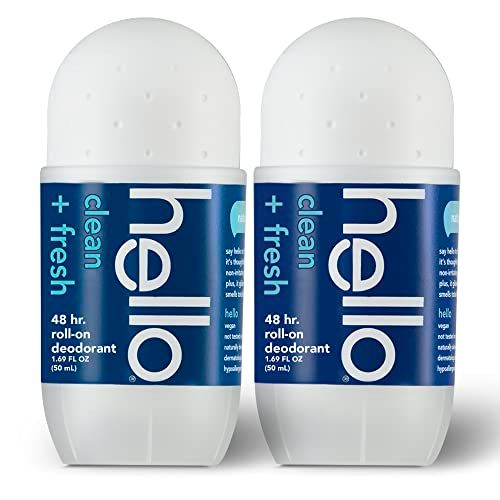Hello Clean &amp; Fresh Roll On Deodorant, Aluminum Free Deodorant for Women Men, 48 Hour Non Sticky Formula, Dries Quick and Leaves No White Residue, Travel 2 Pack, 1.69 oz Tubes