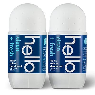 Hello Clean &amp; Fresh Roll On Deodorant, Aluminum Free Deodorant for Women Men, 48 Hour Non Sticky Formula, Dries Quick and Leaves No White Residue, Travel 2 Pack, 1.69 oz Tubes