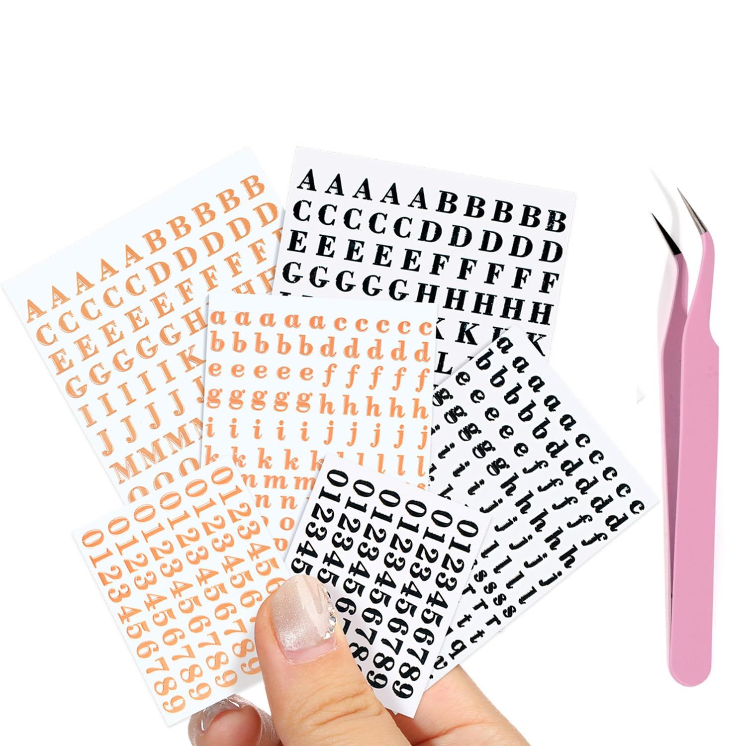 EORTA Letter Stickers 0.11inch with Tweezer Small Alphabet Decals 6 Sheets Self Adhesive Mini Number Sticker for Epoxy Resin Casting DIY Craft Scrapbook Nail Keyboard, Rose Gold/Black, 3mm