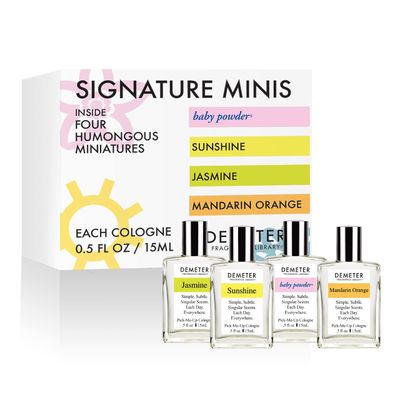 DEMETER Fragrances Signature Humongous Miniature Set of 4 - Baby Powder - Sunshine - Jasmine - Mandarin Orange - Perfume Sampler Set for Women