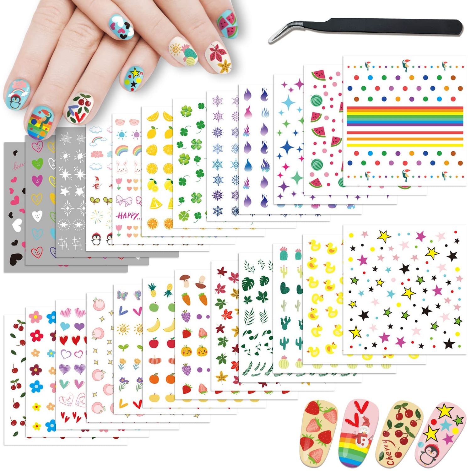 24 Sheets Nail Stickers for Girls Women and Kids, Nail Art Stickers Bunny Penguin Duck Flower Heart Star Rainbow Cloud Snow Lucky Clover Maple Watermelon Fruit for Nail Art Decoration with Tweezers