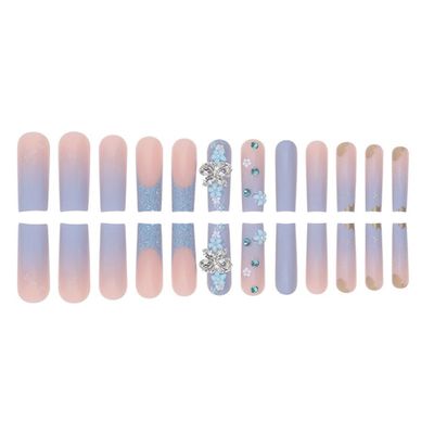 Foccna Butterfly Blue Fake Nails Square French Press on Nails Long Bling Glossy Rhinestone False Nail Tips Artificial Nails Finger Manicure for Women and Girls,24pcs