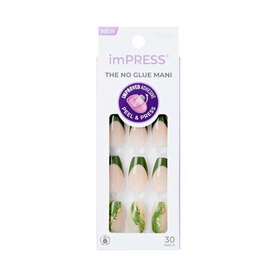 KISS imPRESS No Glue Mani Press On Nails, Design, Ballerina, Neutral/green, Medium Size, Coffin Shape, Includes 30 Nails, Prep Pad, Instructions Sheet, 1 Manicure Stick, 1 Mini File