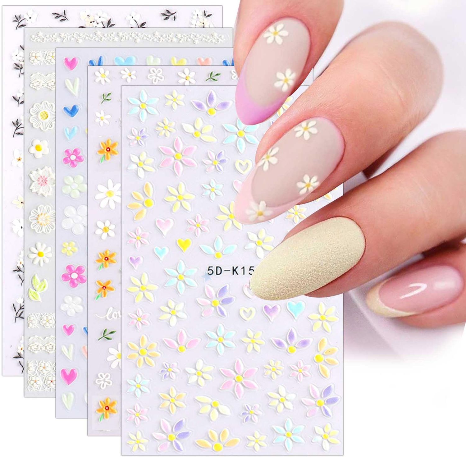 5 Sheets 3D Embossed Flower Nail Art Stickers Decals 5D Self-Adhesive Pegatinas Uas Colorful Daisy Blossom Floral Nail Supplies Nail Art Design Decoration Accessories