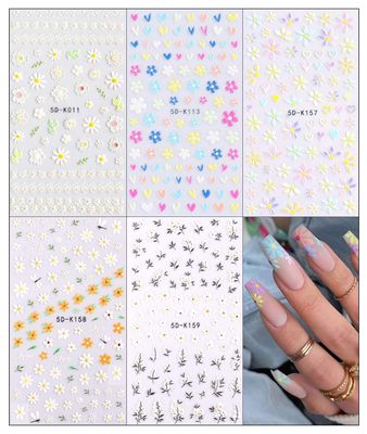 5 Sheets 3D Embossed Flower Nail Art Stickers Decals 5D Self-Adhesive Pegatinas Uas Colorful Daisy Blossom Floral Nail Supplies Nail Art Design Decoration Accessories