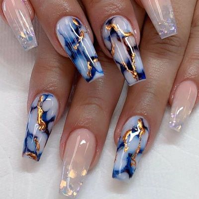 Coffin Press on Nails Medium Length Fake Nails Artificial False Nails with Blue Marble &amp; Sequins Designs Glossy Acrylic Nails Nude Full Cover Glue on Nails for Women 24 Pcs