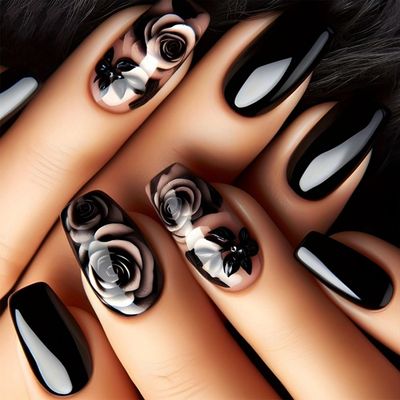 Rose Flower Press on Nails for DIY Manicure 24Pcs Glossy Black Rose Acrylic Medium Coffin False Nails Gel Glue on Nails Black Flower Fake Nails Stick on Nails for Women Girls Rose Flower Design