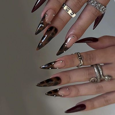MISUD Fall Press on Nails Long Stiletto Fake Nails Glossy Glue on Nails Brown Cheetah Acrylic Nails Almond Artificial Nails French Tip Stick on False Nails with Design 24pcs