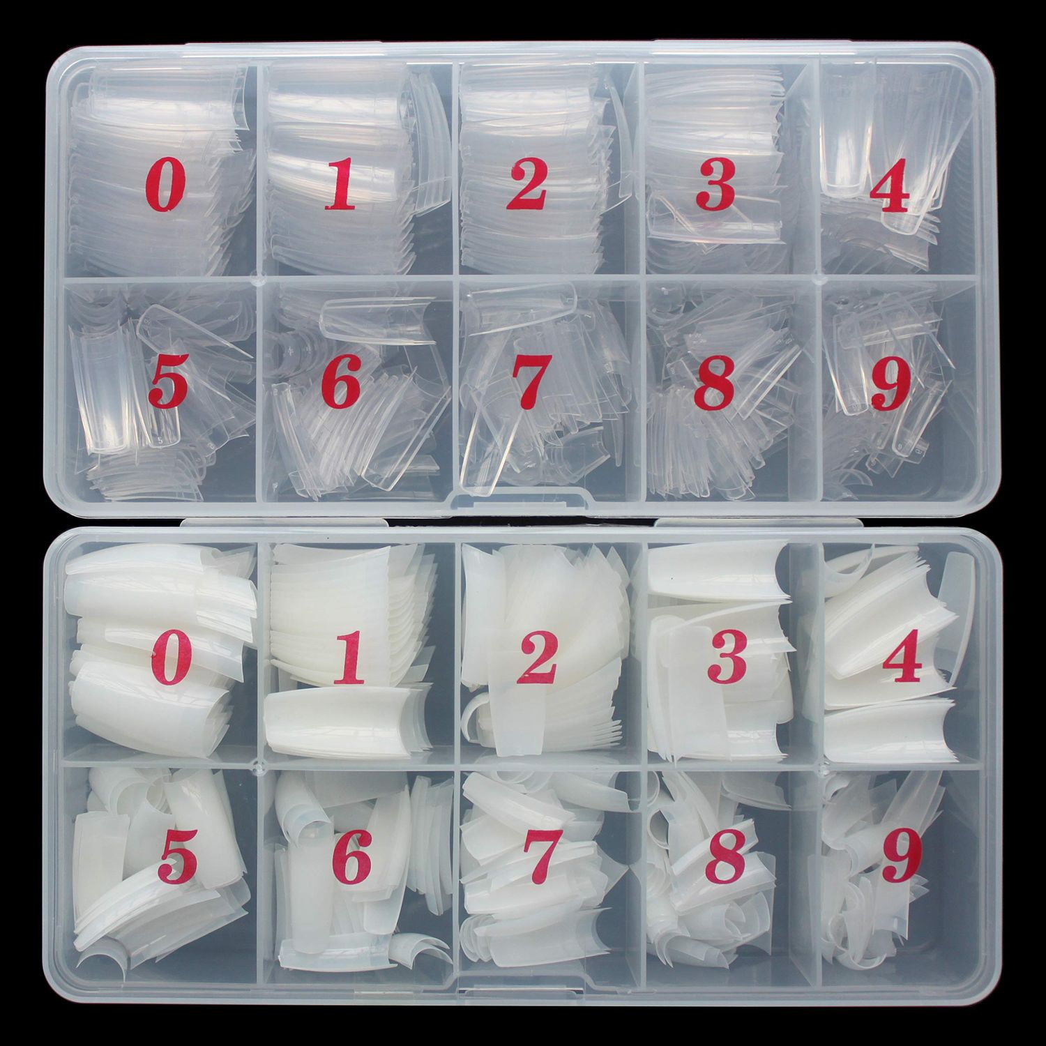 French Acrylic False Nail Tips, 1000PCS Fake Nail Shape Artificial False Nails Tips 10 Sizes with Case for Nail Art Salons (ClearNatural)