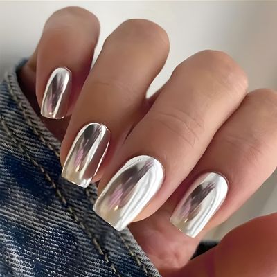 Silver Press on Nails Medium Square Fake Nails Metallic False Nails with Designs Chrome Acrylic Glue on Nails Glossy Full Cover Cute Artificial Stick on Nail for Women Nail Manicure