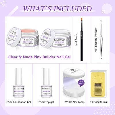 SAVILAND Builder Nail Gel Set - 2 Basic Colors Nail Extension Kit with Foundation Gel Top Gels LED Lamp Brush 100 Pcs Nails Forms at Home Salon