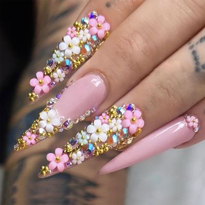IMRAIN Long Press on Nails Stiletto Pink Fake Nails Rhinestone &amp; Flower Designs Glossy Glue on Acrylic Nails Full Cover Luxury Bling Handmade Stick on False Nails for Women 24Pcs