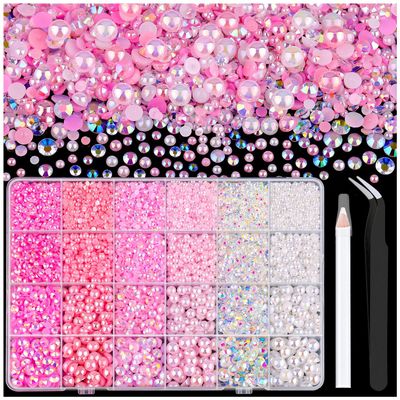 9000PCS Flatback Pearls and Rhinestones for Bedazzling, Pink White Mixed Size 3-8mm Resin Rhinestones and Half Pearls for Crafting, Nail Art and Grad Cap Decoration with Tweezers and Pickup Pencil