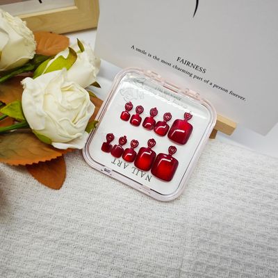 KKUUOO Red Press on Toenails Short Square Toe Nails Press on Toenails Glossy Acrylic Toe Nails with Gradient Designs Full Cover Stick on Toenails Artificial Toenails for Women and Girls 24Pcs