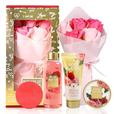 Body &amp; Earth Spa Baskets for Women - 5 Piece Rose Scented Bath Sets with Shower Gel, Body Scrub, Body Lotion, Hand Soap, Mothers Day Gifts for Mom