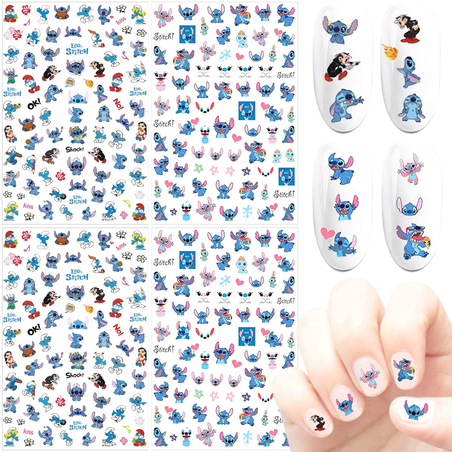 Skreened 4 Sheets Stitch Nail Art Stickers Decals 3D Self Adhesive Nail Art Supplies Cute Cartoon Nail Stickers DIY Nail Designs Sticker Luxury Designer Nail Stickers for Girls Women Kids