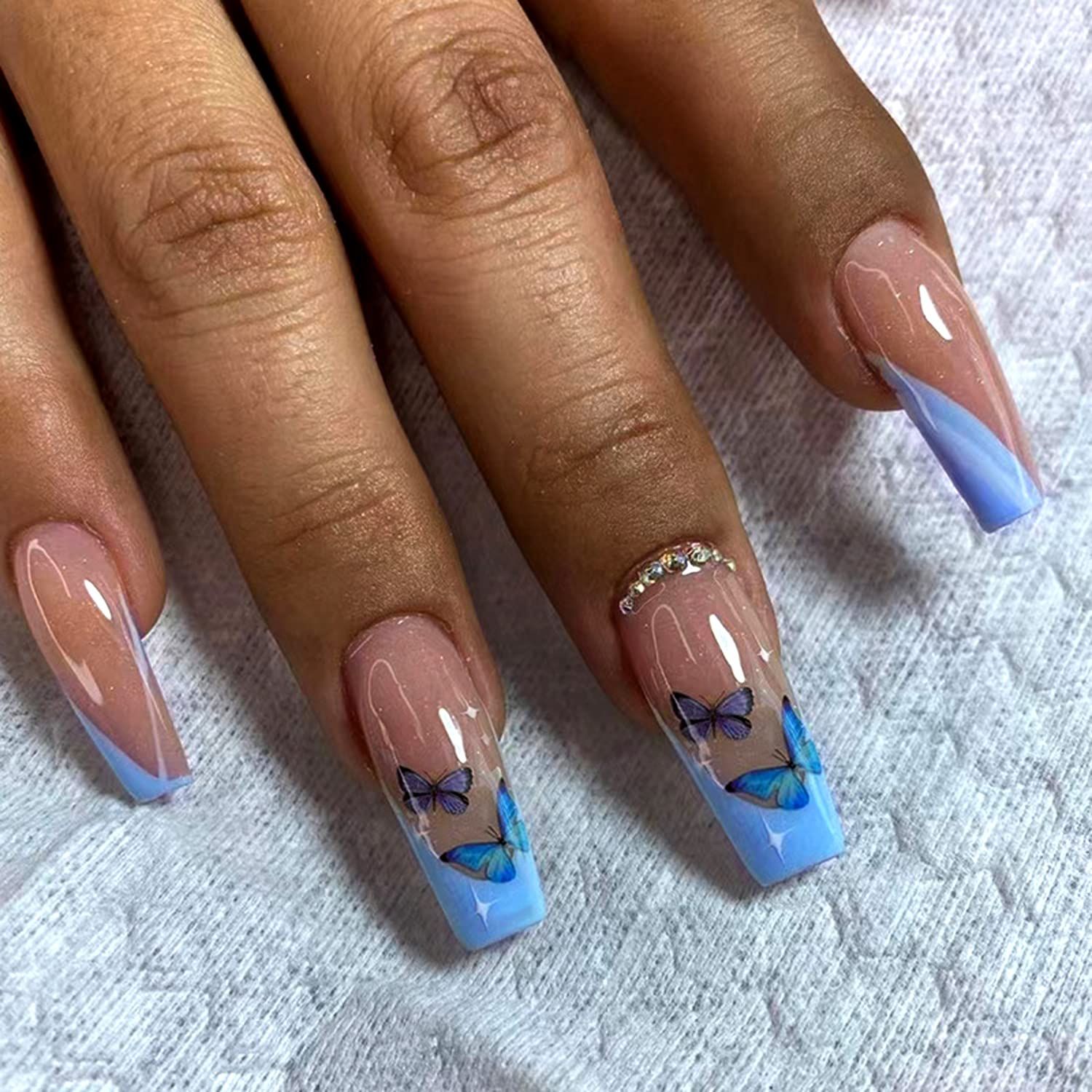 Ballerina French Tip Press on Nails Medium Length Fake Nail with Blue Butterfly Rhinestones Designs Blue French Tip False Nails Full Cover Glue on Nails Acrylic Artificial Stick on Nails 24 Pcs