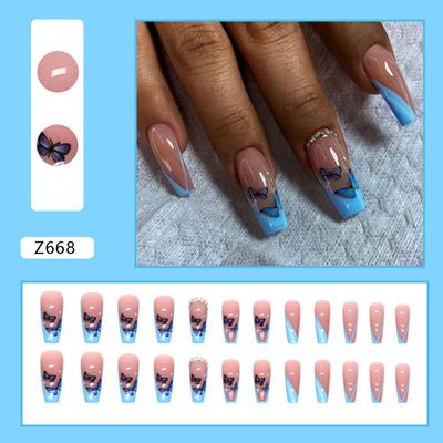 Ballerina French Tip Press on Nails Medium Length Fake Nail with Blue Butterfly Rhinestones Designs Blue French Tip False Nails Full Cover Glue on Nails Acrylic Artificial Stick on Nails 24 Pcs