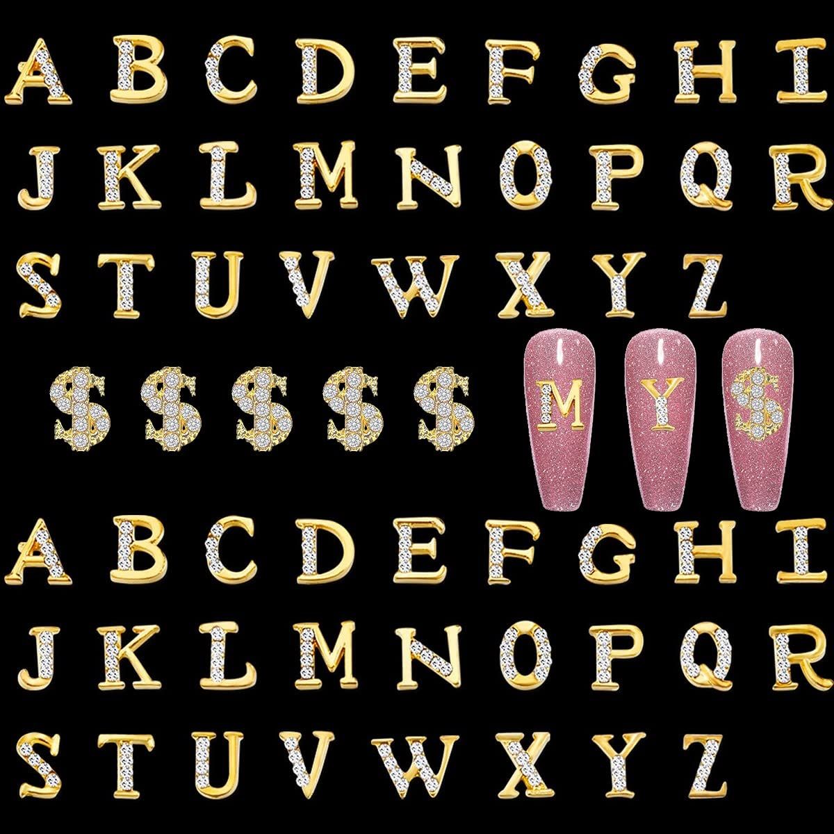 52pcs Gold Letters Nail Stud Alloy Rhinestone 5pcs 3D Dollar Sign Money Nail Art 3D Capital Letters Nail Studs Alphabet Nail Charms Art for Acrylic Nails Bling Jewels Making Crafts DIY Manicure