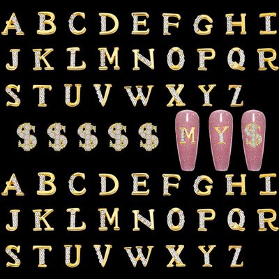 52pcs Gold Letters Nail Stud Alloy Rhinestone 5pcs 3D Dollar Sign Money Nail Art 3D Capital Letters Nail Studs Alphabet Nail Charms Art for Acrylic Nails Bling Jewels Making Crafts DIY Manicure