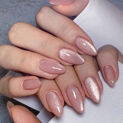 Almond Press on Nails Medium Fake Nails Pink False Nails with Designs Glitter Glossy Full Cover Acrylic Glue on Nails Artificial Stick on Nails Press ons for Women Manicure 24Pcs
