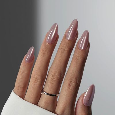 Almond Press on Nails Medium Fake Nails Pink False Nails with Designs Glitter Glossy Full Cover Acrylic Glue on Nails Artificial Stick on Nails Press ons for Women Manicure 24Pcs