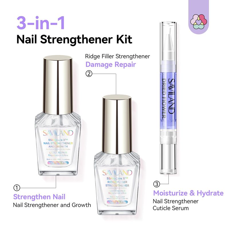 SAVILAND 3-in-1 Nail Strengthener Kit: Ultra Repair Nail Growth and Strengthener with Vitamin E Castor Oil Nail Strengthener for Damaged Nails Care Kit for Repairing Nourishing Weak Brittle Nail Home