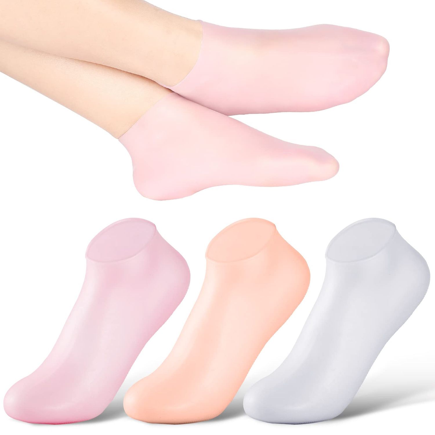 SATINIOR Silicone Socks 3 Pairs Latex Gel Aloe Heel Anti Slip Silicone Moisturizing Socks for Women Men Dry Cracking Skin(X-Large)