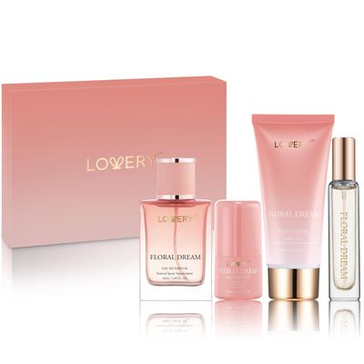 Gift for Women, Floral Dream 4 in 1 Womens Perfume &amp; Deodorant Set - 4pc Pink Eau de Parfum Fragrance Sets - Perfumes for Women Gift Set with Non Toxic Antiperspirant Stick, Body Lotion &amp; Mini Perfume