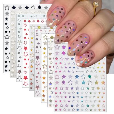 9 Sheets Shiny Twill Star Nail Stickers 3D Self-Adhesive Holographic Laser Color Gold and Silver Five-Pointed Star Design Women Girls Nail Art Decoration