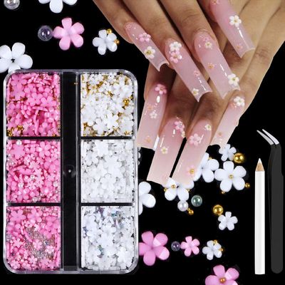 ITPOYOL 3D Flower Nail Art Charms White Pink Nail Charms for Acrylic Nails Gold Silver Pearls Nail Supplies Rhinestones Spring Blossom Gems Nail Accessories for Women DIY Nail Decorations Design