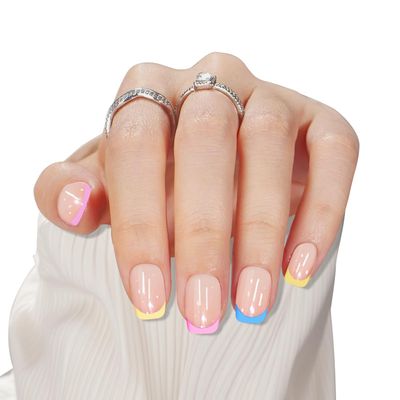 Frinail Press on Fake Nails French Color Tips, Cute Press on Short Square Acrylic Glue on Nails Manicure, 24PCS 10 Sizes Stick on False Nails Suits Small/Big/Long/Short/Flat/Wide Nail Beds