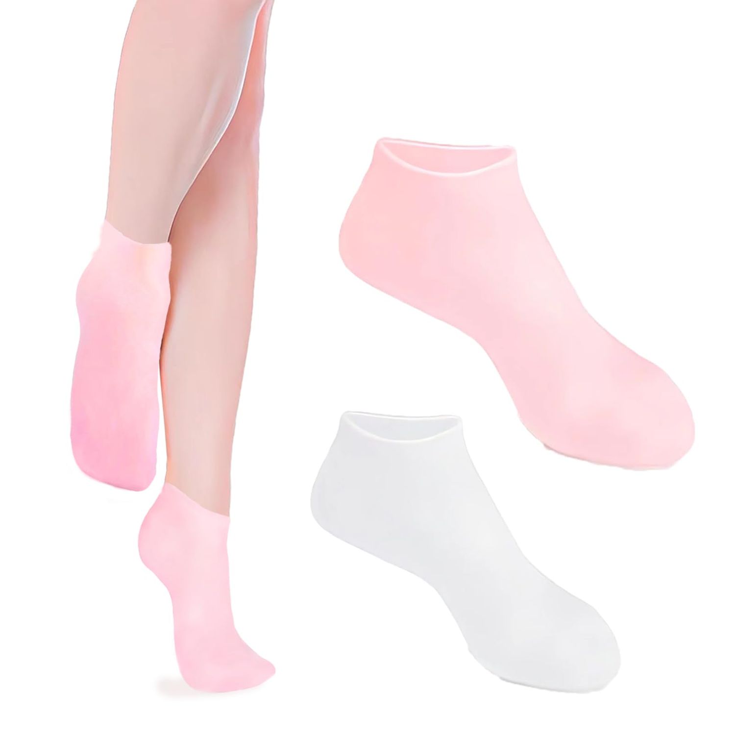 Zxfuture 2 Pairs Silicone Socks for Women - Soft Gel Aloe Moisturizing Socks for Womens Spa Pedicure, Repairing Dry Feet, Cracked Heels and Softening Rough Skin - Pink &amp; White