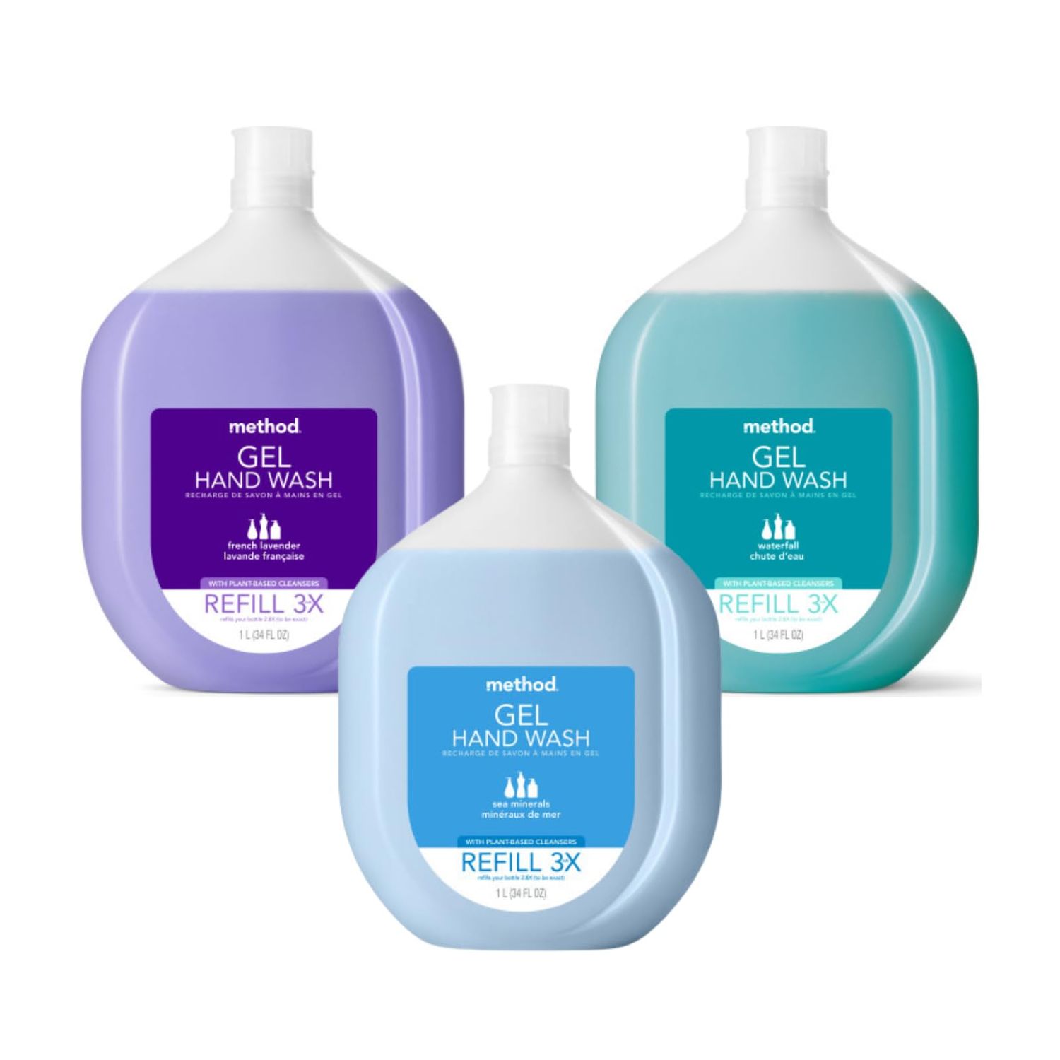 Method Gel Hand Soap Refill Variety Pack, 1 Waterfall, 1 French Lavender, 1 Sea Minerals, 34 Fl Oz each, 3 CT