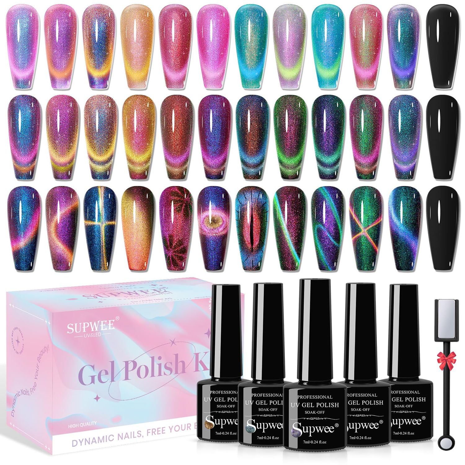 SUPWEE 12 Colors Cat Eye Gel Polish with Magnetic Stick, Chameleon Magnetic Gel Polish Kit Trible Colors Effect Galaxy Cateyes Nail Polish Gel Collection Home DIY Manicure for Women Girl