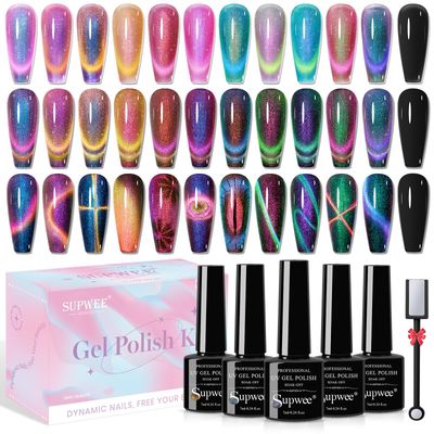 SUPWEE 12 Colors Cat Eye Gel Polish with Magnetic Stick, Chameleon Magnetic Gel Polish Kit Trible Colors Effect Galaxy Cateyes Nail Polish Gel Collection Home DIY Manicure for Women Girl