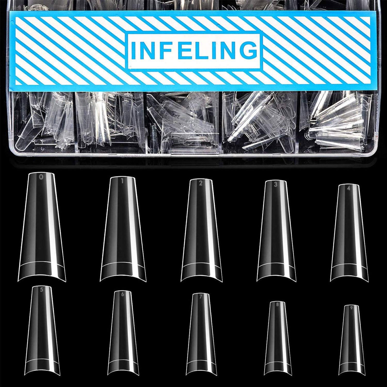 INFELING Clear Coffin Nails Tips - Nail Tips for Acrylic Nails Professional, 500pcs Half Cover Ballerina French Nail Tips with Box, False Fake Nail Tips for Nail Salons Home Christmas Gift, 10 Sizes