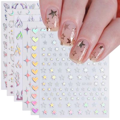 9 Sheets Holographic Nail Art Stickers Decals Self-Adhesive Pegatinas Uas Heart Flame Stars Butterfly Moon Nail Supplies Nail Art Design Decoration Accessories